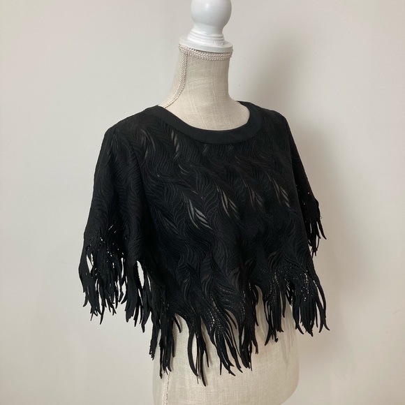 GRACIA Black Fringe Short Sleeve Crop Top M - Picture 3 of 10